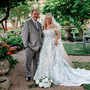 Blue floral Oleg Cassini wedding dress